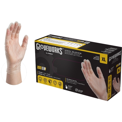 Disposable Gloves, XL, 235 mm L, Vinyl, Clear, Powder-Free - pack of 100