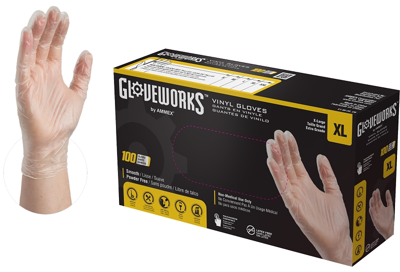 GLOVEPLUS IVPF48100 Disposable Gloves, XL, 235 mm L, Vinyl, Clear, Powder-Free - pack of 100