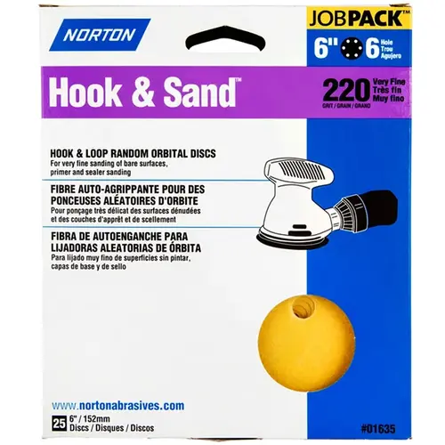 Hook & Sand Vacuum Disc, 6 in Dia, P220 Grit, Very Fine, Aluminum Oxide Abrasive, Paper Backing - pack of 25