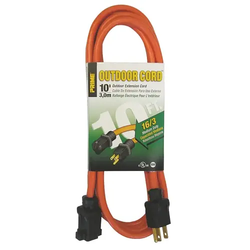 Prime EC501610 Outdoor Extension Cord, 16/3 AWG Cable, 10 ft L, Orange