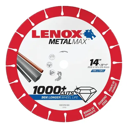 MetalMax Cut-Off Wheel, 14 in Dia, 0.13 in Thick, 1 in Arbor, 25, 30 Grit, Diamond Abrasive