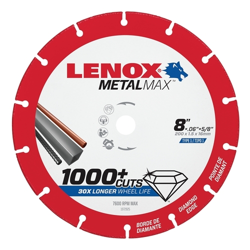 MetalMax Cut-Off Wheel, 8 in Dia, 1/16 in Thick, 5/8 in Arbor, 40, 50 Grit, Diamond Abrasive