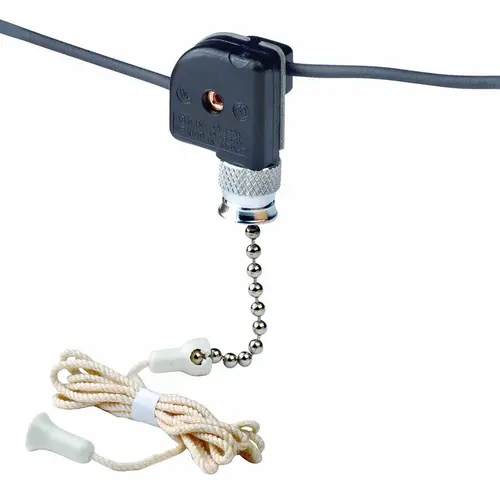 Pull Chain Switch, 1-Pole, 125/250 V, 3 A, Metal Black