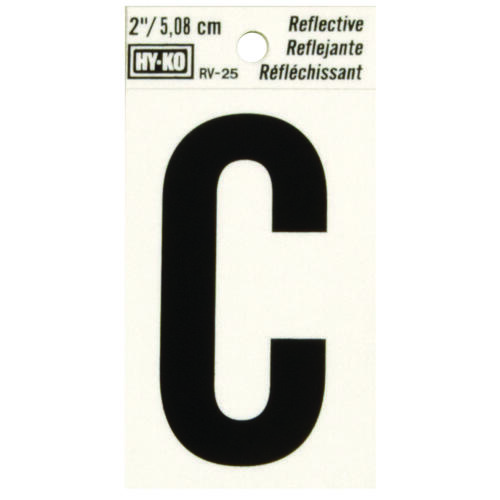 Hy-Ko RV-25/C Reflective Letter, Character: C, 2 in H Character, Black Character, Silver Background, Vinyl