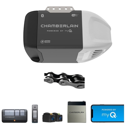 Chamberlain C2212T Garage Door Opener, Battery, Chain Drive, OS: myQ and Security+ 2.0, Gray