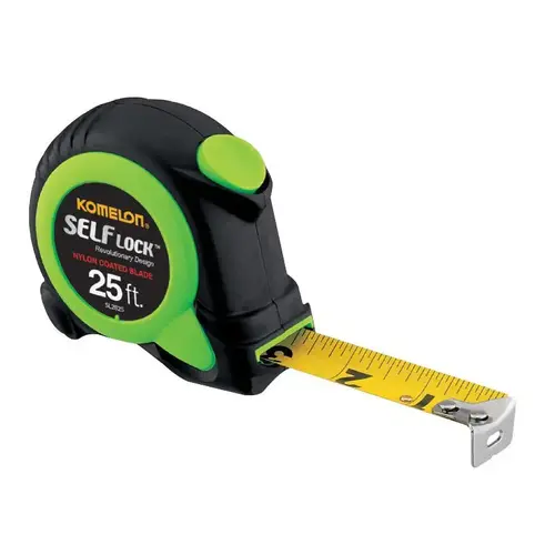 SELF LOCK Series Tape Measure, 25 ft L Blade, 1 in W Blade, Steel Blade, ABS Case, Black/Green Case