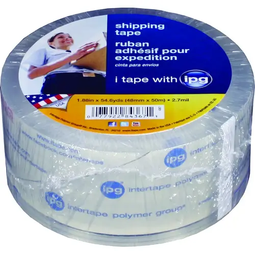 Shipping Tape, 54.6 yd L, 1.88 in W, Polypropylene Backing, Clear