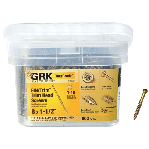 GRK Fasteners 116724 Finishing Screw, #8 Thread, 1-1/2 in L, Trim Head, Star Drive, Steel, 600 PK - pack of 600