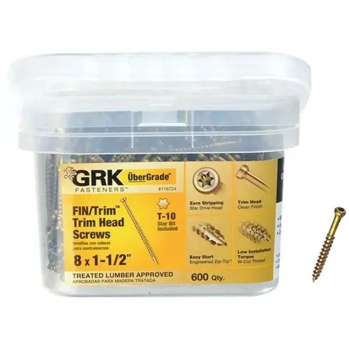 Finishing Screw, #8 Thread, 1-1/2 in L, Trim Head, Star Drive, Steel, 600 PK Yellow - pack of 600