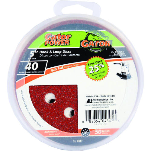 Sanding Disc, 5 in Dia, 40 Grit, Extra Coarse, Aluminum Oxide Abrasive, Vented Red - pack of 50