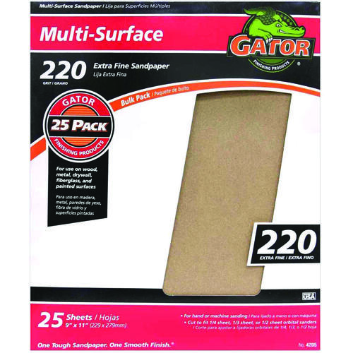 Sanding Sheet, 11 in L, 9 in W, 220 Grit, Extra Fine, Aluminum Oxide Abrasive