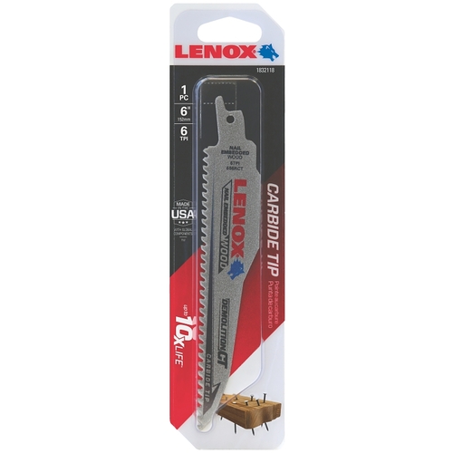 Demolition CT Reciprocating Saw Blade, 1 in W, 6 in L, 6 TPI, Carbide Cutting Edge Silver