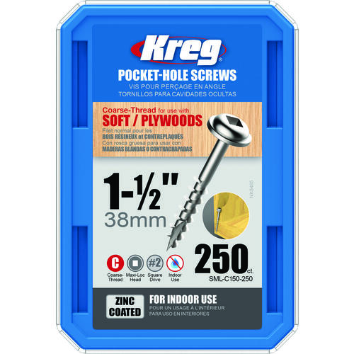 Kreg SML-C150-250 Pocket-Hole Screw, #8 Thread, 1-1/2 in L, Coarse Thread, Maxi-Loc Head, Square Drive, Carbon Steel - pack of 250