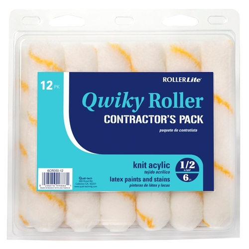 RollerLite 6CR050Q-12 Qwiky Mini Roller Cover, 1/2 in Thick Nap, 6 in L, Acrylic Cover, Gold/White - pack of 12