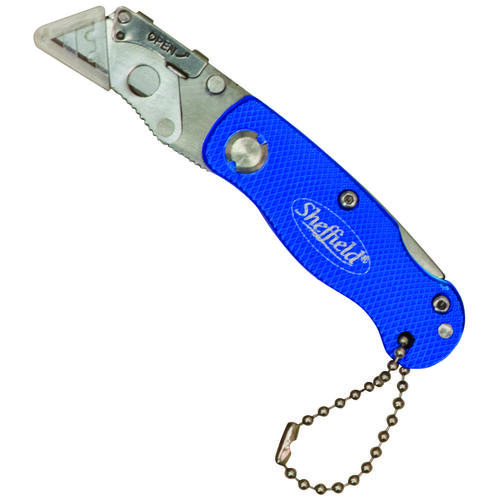 Utility Knife, 1-1/2 in L Blade, Stainless Steel Blade, Curved Handle, Blue Handle