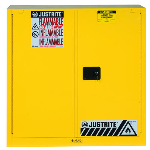 Justrite 893020 Sure-Grip Series Safety Cabinet, 30 gal, 43 in OAW, 44 in OAH, 18 in OAD, 1-Shelf, Steel, Yellow
