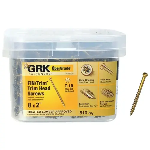 Finishing Screw, #8 Thread, 2 in L, Trim Head, Star Drive, Steel, 510 PK Yellow - pack of 510