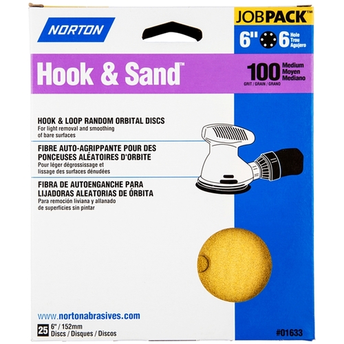 Hook & Sand Vacuum Disc, 6 in Dia, P100 Grit, Medium, Aluminum Oxide Abrasive, Paper Backing - pack of 25