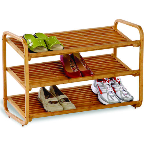 Shoe Rack, 3-Shelf, 36 in W, 24 in H, Bamboo, Brown