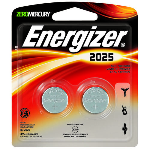 Energizer 2025BP-2 Coin Cell Battery, 3 V Battery, 170 mAh, CR2025 Battery, Lithium, Manganese Dioxide - pack of 2