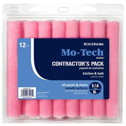 RollerLite 6MT025-12 Mo-Tech Mini Roller Cover, 1/4 in Thick Nap, 6 in L, Dralon Fabric Cover, Pink - pack of 12