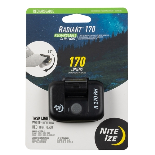 Nite Ize R170RC-01-R7 Radiant Series Cliplight, Rechargeable, 170 Lumens Lumens, 2 hr Run Time, Black