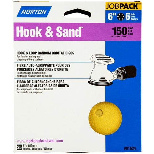 Hook & Sand Vacuum Disc, 6 in Dia, P150 Grit, Fine, Aluminum Oxide Abrasive, Paper Backing - pack of 25