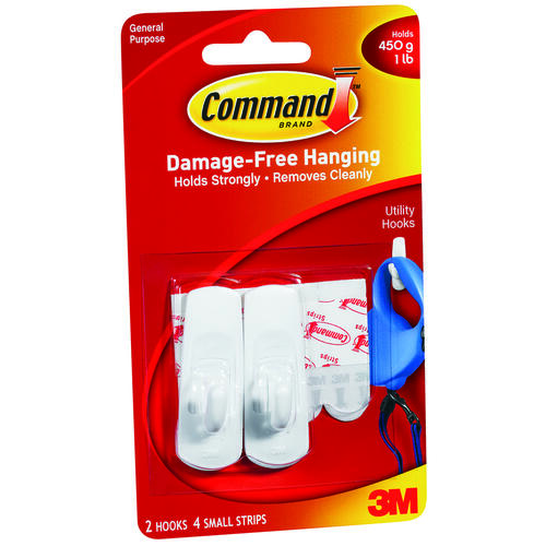 Command 17002C Utility Hook, 1 lb, 2-Hook, Plastic, White - pack of 2