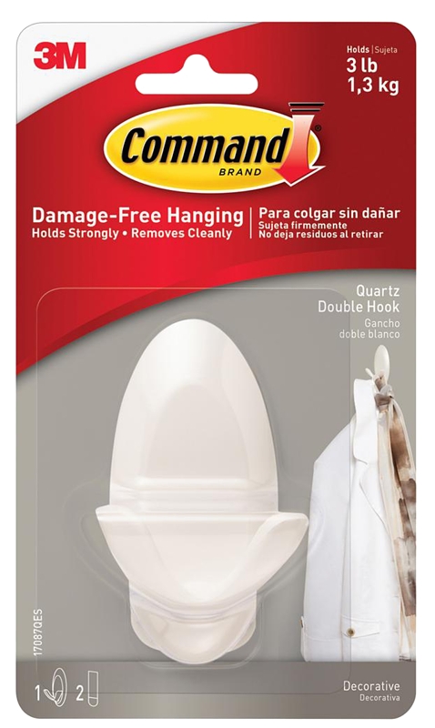 Command 17087QES Double Hook, 3 lb, 1-Hook, Plastic, Quartz