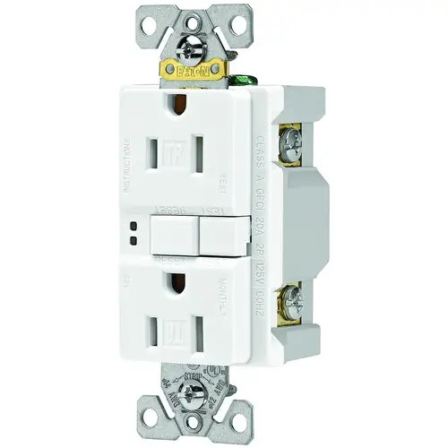 GFCI Duplex Receptacle, 2 -Pole, 15 A, 125 V, Back, Side Wiring, NEMA: 5-15R, White