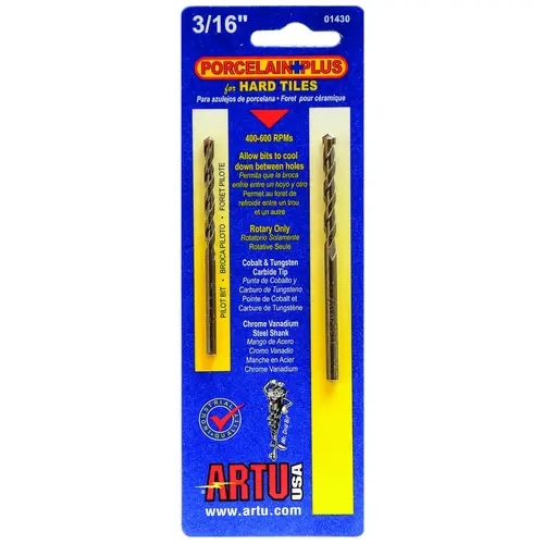 ARTU 01430 Drill Bit, 3/16 in Dia, 3-1/2 in OAL, Flat Flute, 2-Flute, 3/16 in Dia Shank, Straight Shank Pair Chrome