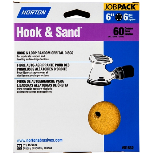 Hook & Sand Vacuum Disc, 6 in Dia, P60 Grit, Coarse, Aluminum Oxide Abrasive, Paper Backing - pack of 25