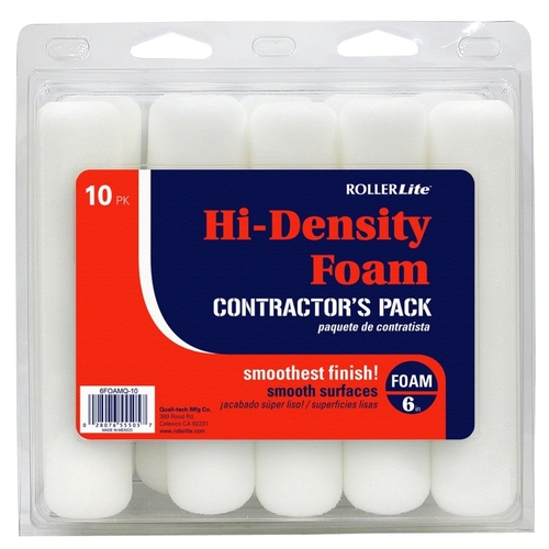 Hi-Density Foam Mini Roller Cover, 1/2 in Thick Nap, 6 in L, Foam Cover, White - pack of 10