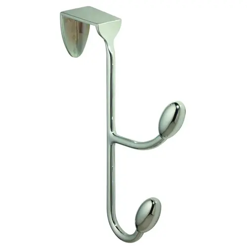 Door Hook, 10 lb, 2-Hook, Steel, Chrome