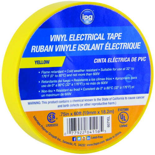 Electrical Tape, 60 ft L, 3/4 in W, PVC Backing, Yellow