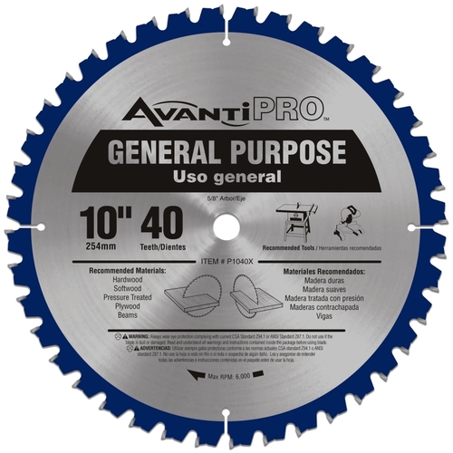 Avanti Pro P1040X Circular Saw Blade, 10 in Dia, 5/8 in Arbor, 40-Teeth, Carbide Cutting Edge
