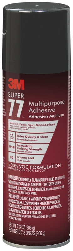 3M 77-10VOC30 Super 77 Spray Adhesive, Liquid, Solvent, Clear, 7.3 oz Can