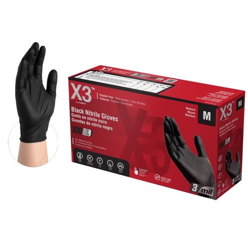 Ammex BX344100 Disposable Gloves, M, Nitrile, Powder-Free, Black, 9-1/2 in L - pack of 100