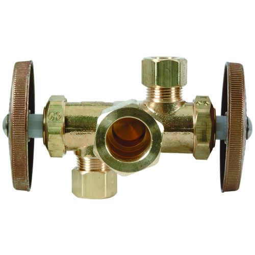 Stop Valve, 1/2 x 3/8 x 3/8 in Connection, Compression, 125 psi Pressure, Brass Body