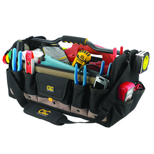 Tool Works Series Open Top Tool Bag, 11 in W, 11 in D, 20 in H, 27-Pocket, Polyester, Black