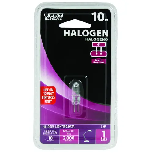 BPQ10T3 Halogen Bulb, 10 W, G4 Lamp Base, JC T3 Lamp, 3000 K Color Temp, 2000 hr Average Life Clear