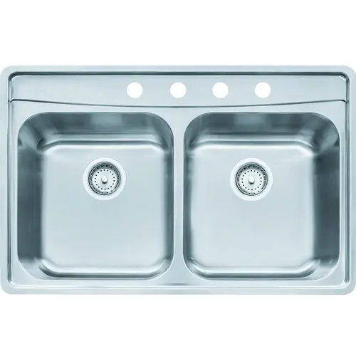 Evolution Series Kitchen Sink, 4-Faucet Hole, 22-1/2 in OAW, 33-1/2 in OAD, 9 in OAH, 2-Bowl Polished Satin