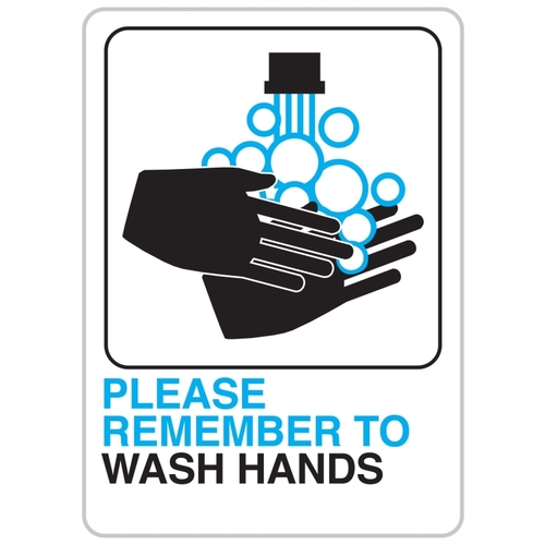 Bathroom Sign, Rectangular, PLEASE REMEMBER TO WASH HANDS, Black/Blue Legend, White Background, Plastic