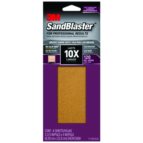 SandBlaster Series Sandpaper, 9 in L, 3-2/3 in W, 120 Grit, Medium, Aluminum Oxide Abrasive - pack of 6