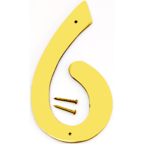 House Number, Character: 6, 4 in H Character, 2-1/2 in W Character, Brass Character, Brass