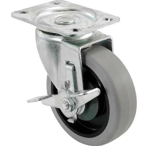 400 Series Swivel Caster with Brake, 4 in Dia Wheel, TPR Wheel, Gray, 250 lb