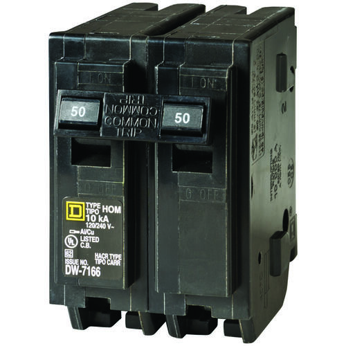 Square D HOM250CP Homeline Circuit Breaker, Mini, 50 A, 2 -Pole, 120/240 V, Fixed Trip, Plug Mounting, Black