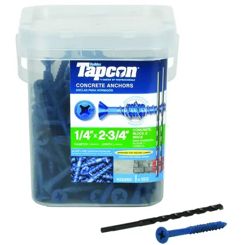Buildex Tapcon 24585 28585 Concrete Screw Anchor, 1/4 in Dia, 2-3/4 in L, Steel, Climaseal Blue - pack of 150