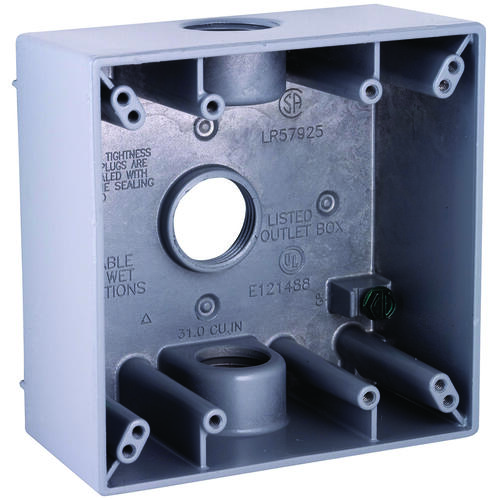 Weatherproof Box, 3 -Outlet, 2 -Gang, Aluminum, Gray, Powder-Coated, Horizontal/Vertical Mounting