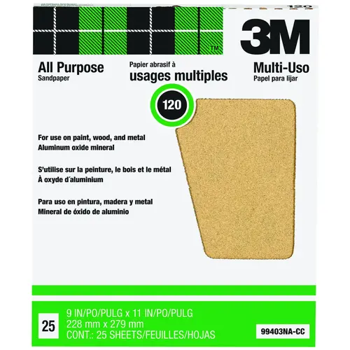 Sandpaper, 11 in L, 9 in W, Extra Coarse, 120 Grit, Aluminum Oxide Abrasive, Paper Backing Gold - pack of 25